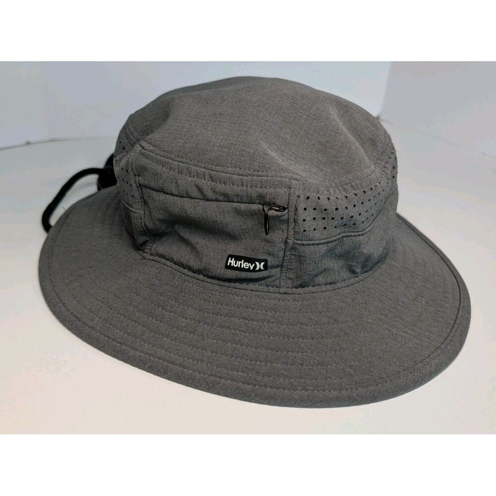 Hurley Phantom Getaway Boonie Hat M/L Gray UPF 50+ Chin Cord Stuck Zipper